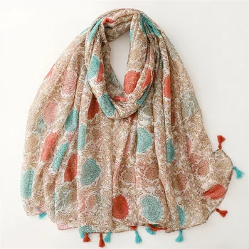 Fashion Retro Style Long Ethnic Indian Shawl Yellow Green Flower and Geometry Printed Hijab Cotton Tassels Soft Shawl