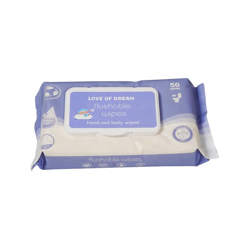 WW5550 Custom Logo 55g Biodegradable Non Woven Single Pack Wet Wipes Hand Body Flushable for Baby Adults 50Pcs Cleansing Wipes