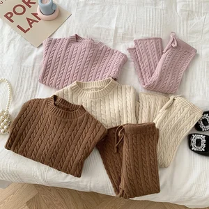 Autumn Trendy Cable Knit Cotton Sweater Solid O-Neck Boy Clothing Set Comfortable Baby Clothes