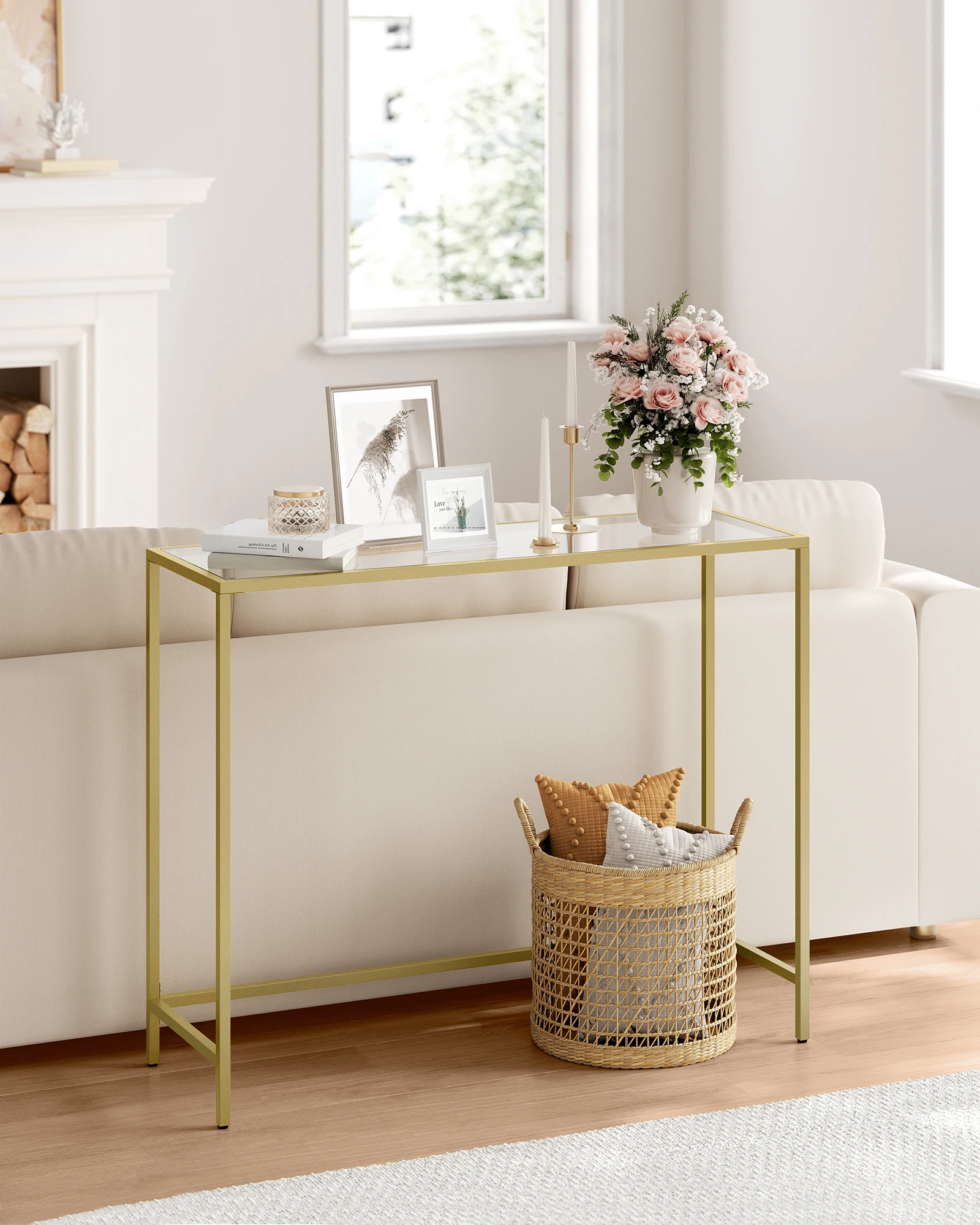 VASAGLE Easy Assembly Modern Entryway Table Gold Tempered Glass Sofa Table Slim Metal Console Table Frame