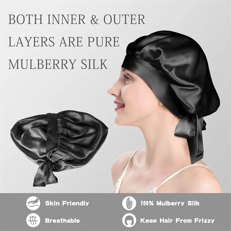 Factory Custom  100%  Silk Bonnet Hair Cover Jumbo Silk Bonnet Tie Satin Silk Bonnet