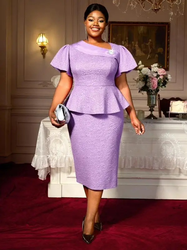 purple peplum dress with sleeves Long Peplum Formal Dress with Three-Quarter Sleeves Navy / 16