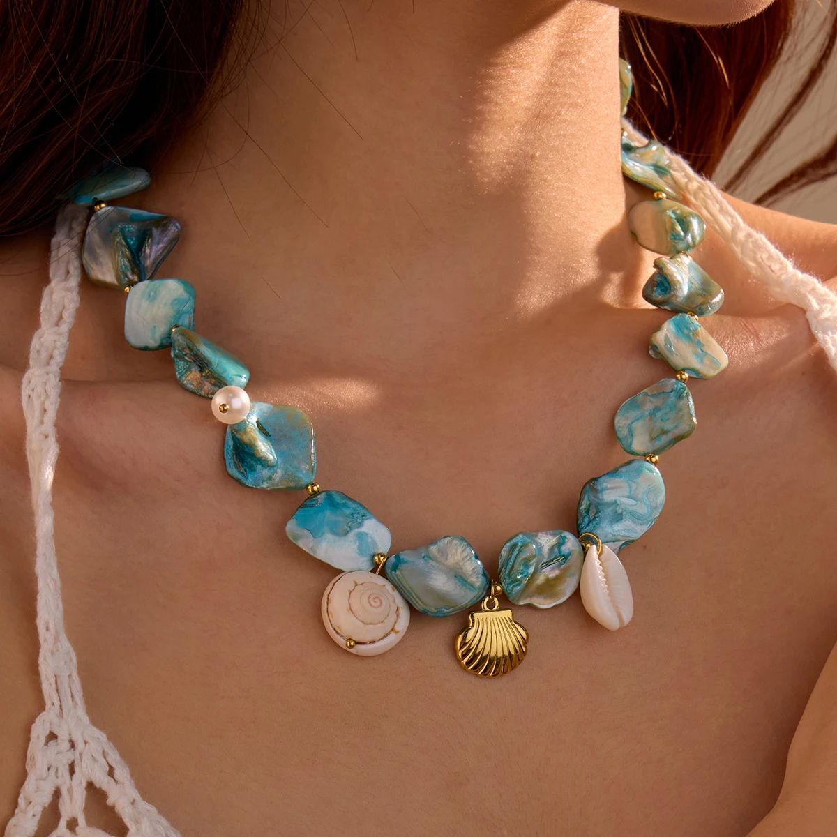NIMAI Bohemian Blue Big Shell Starfish Pendant Charm Necklace Pearl Sea Snail Sea Shell Statement Stainless Steel Ocean Jewelry