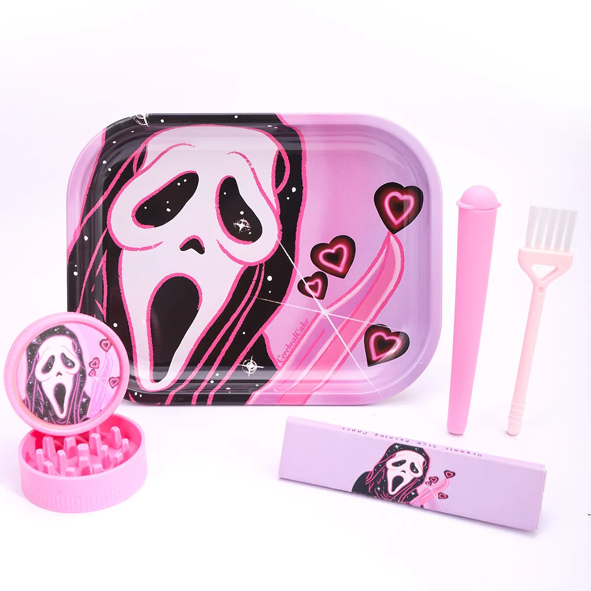 5-Piece Set of Multi-Element Trays and Smoking Accessories Multiple Colors and Optional Plastic Grinders Pink Conical Tubes