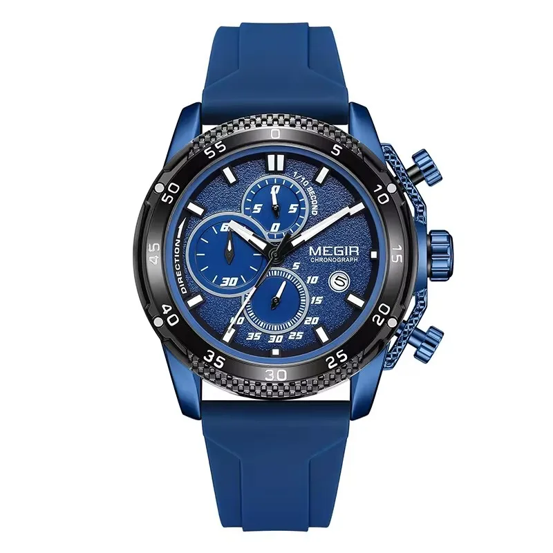 Orologio da uomo con cinturino in silicone analogico con cronografo e data, Blu, L