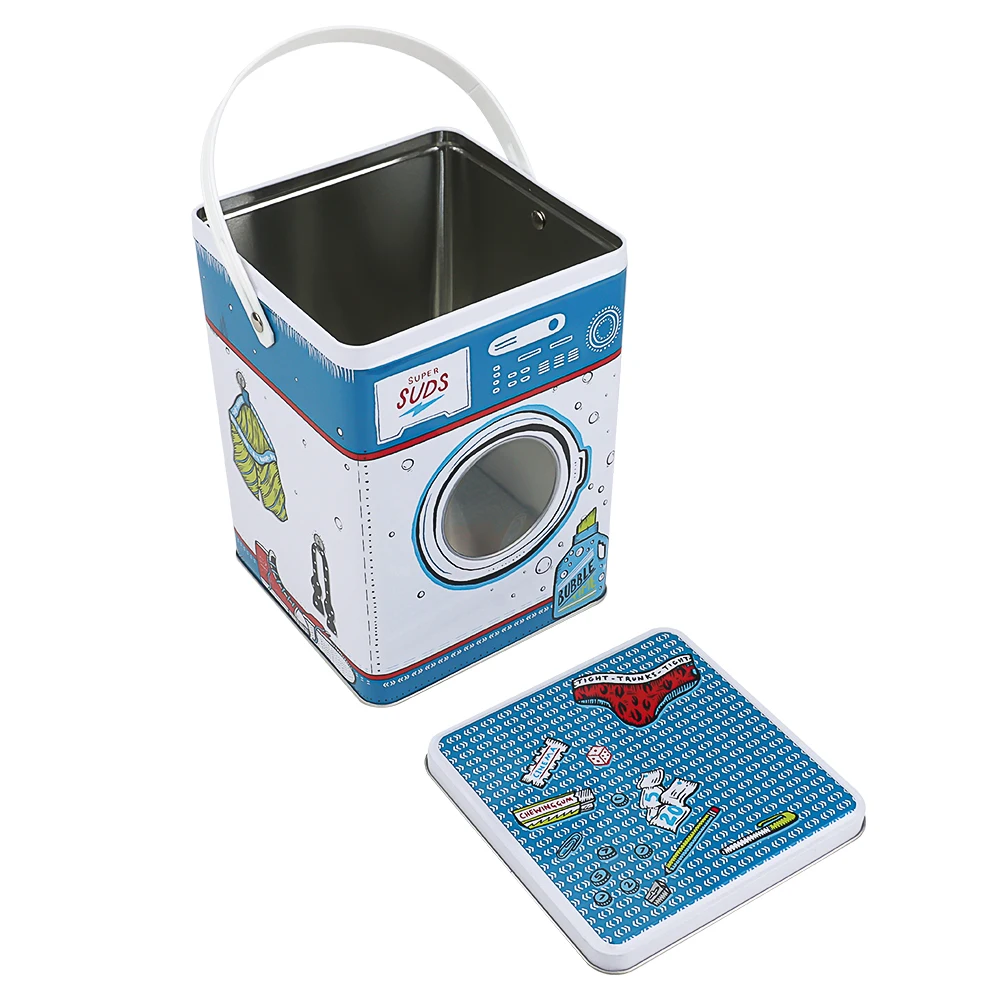 Customized Washing Machine Design Shape Square Tin Laundry Powder Container Boxes Metal Can With Handle