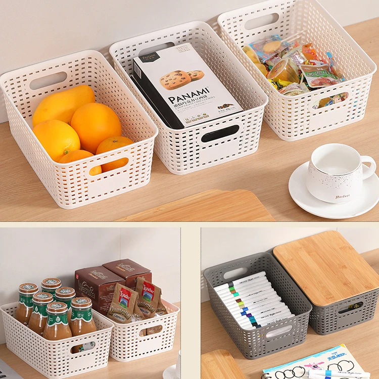 Wholesale 6 Packs Stackable Plastic Storage Bins with Bamboo Lids for Pantry Organization