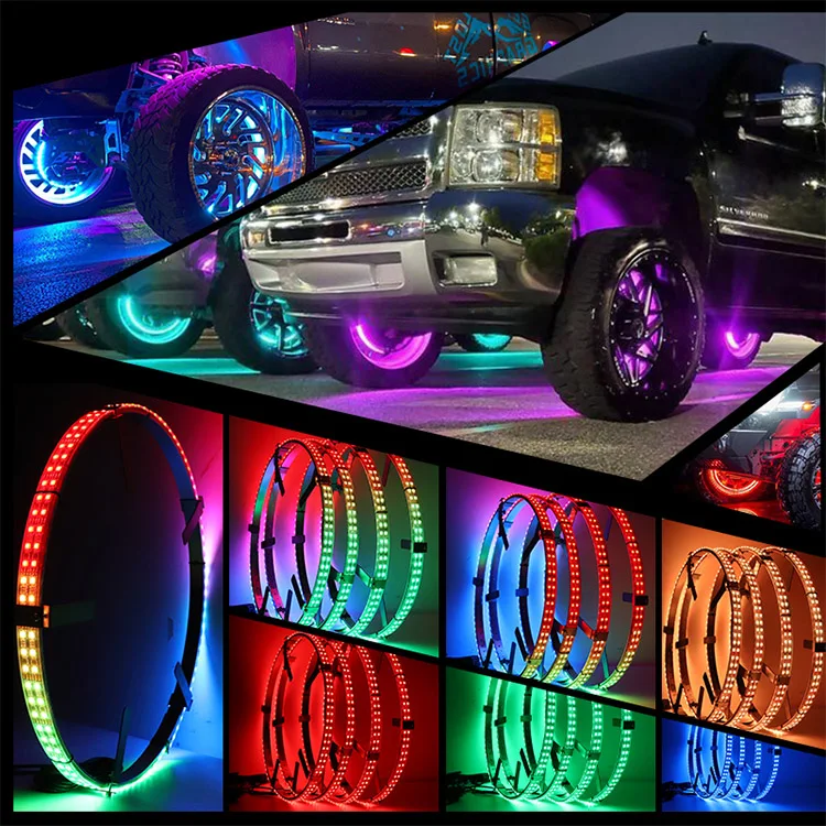 OXILAM 17.5 Inch RGB Chasing Flow Double Row LED Wheel Ring Lights For Trucks – APP & Remote Control, IP68, 72 LED