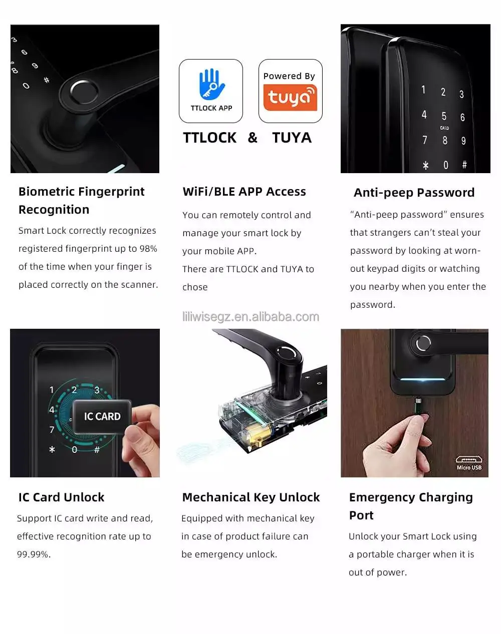 Smart Door Lock with Biometric Fingerprint 200 Capacity MF1 Card Support for 35-75mm Doors 3