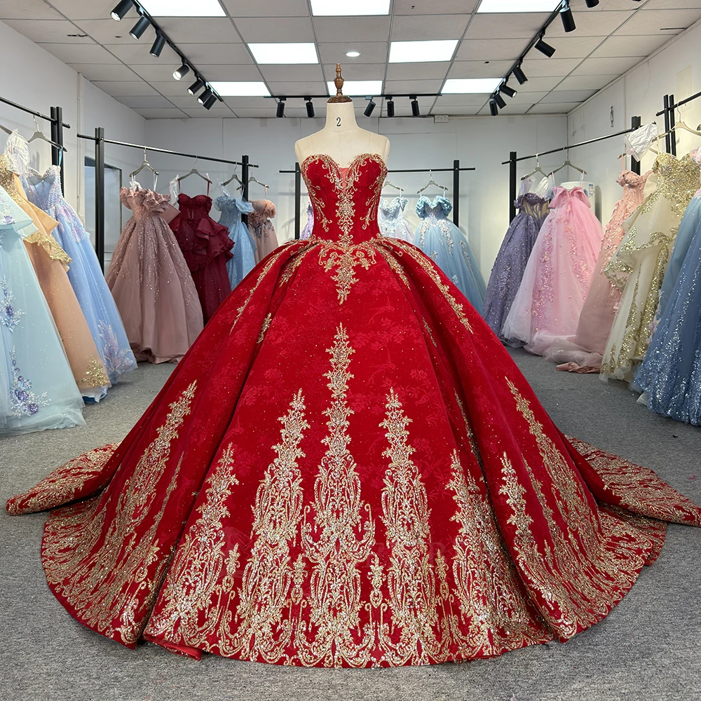 red and gold sweet 16 dress Sweet 16 Long Ball Gown Sequin Quinceanera Dress