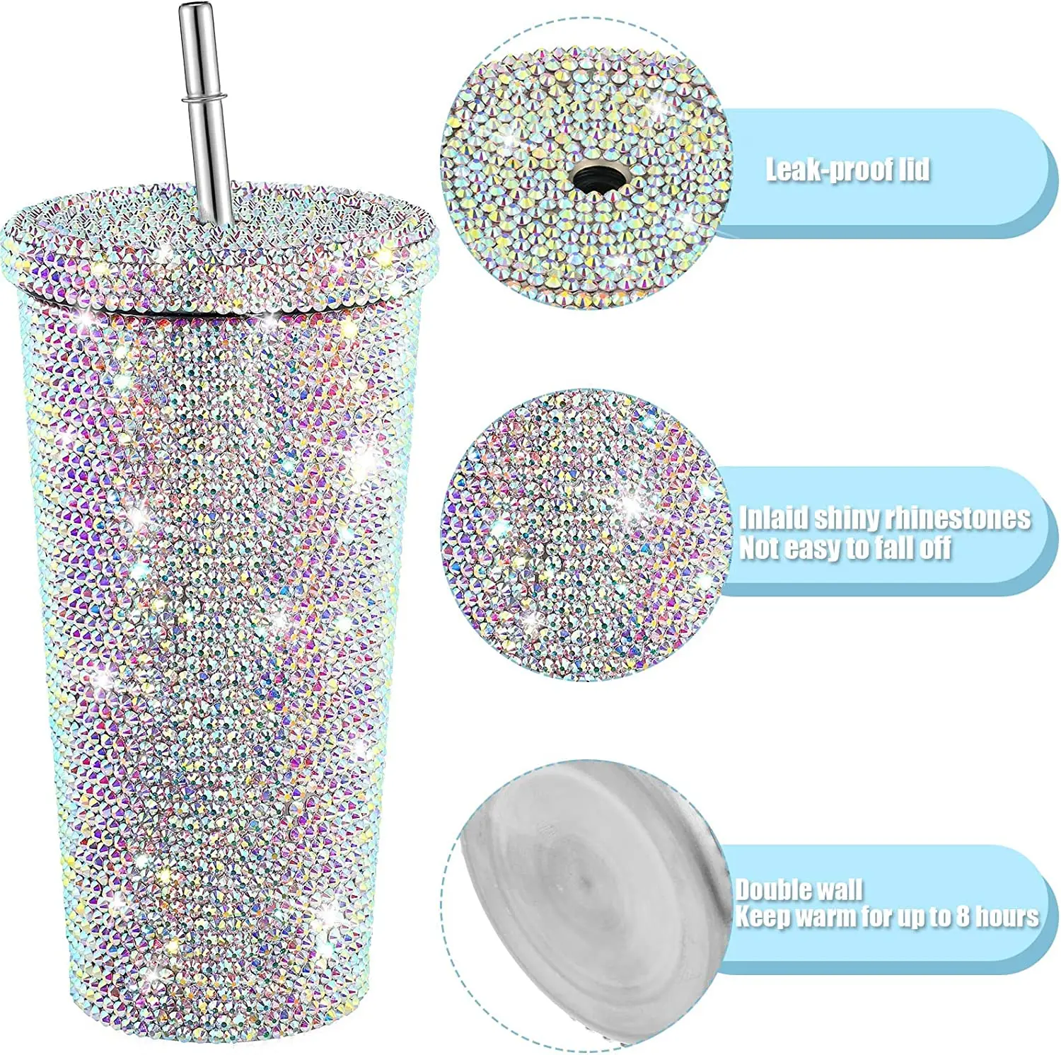Stainless Steel Vacuum Studded Bling Glitter Water Bottle Thermal