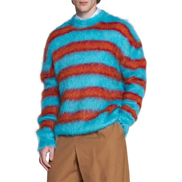 2023 Custom Oem & Odm Sweaters Men Mohair Fuzzy Striped Crewneck ...