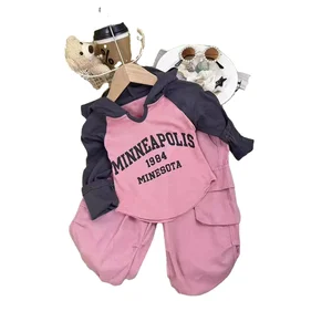 2026 Fall Children Sport Sets Patchwork Color Long Sleeve Letter Print Irregular Hoodie Cargo Pants 2Pcs Kids Girls Clothing