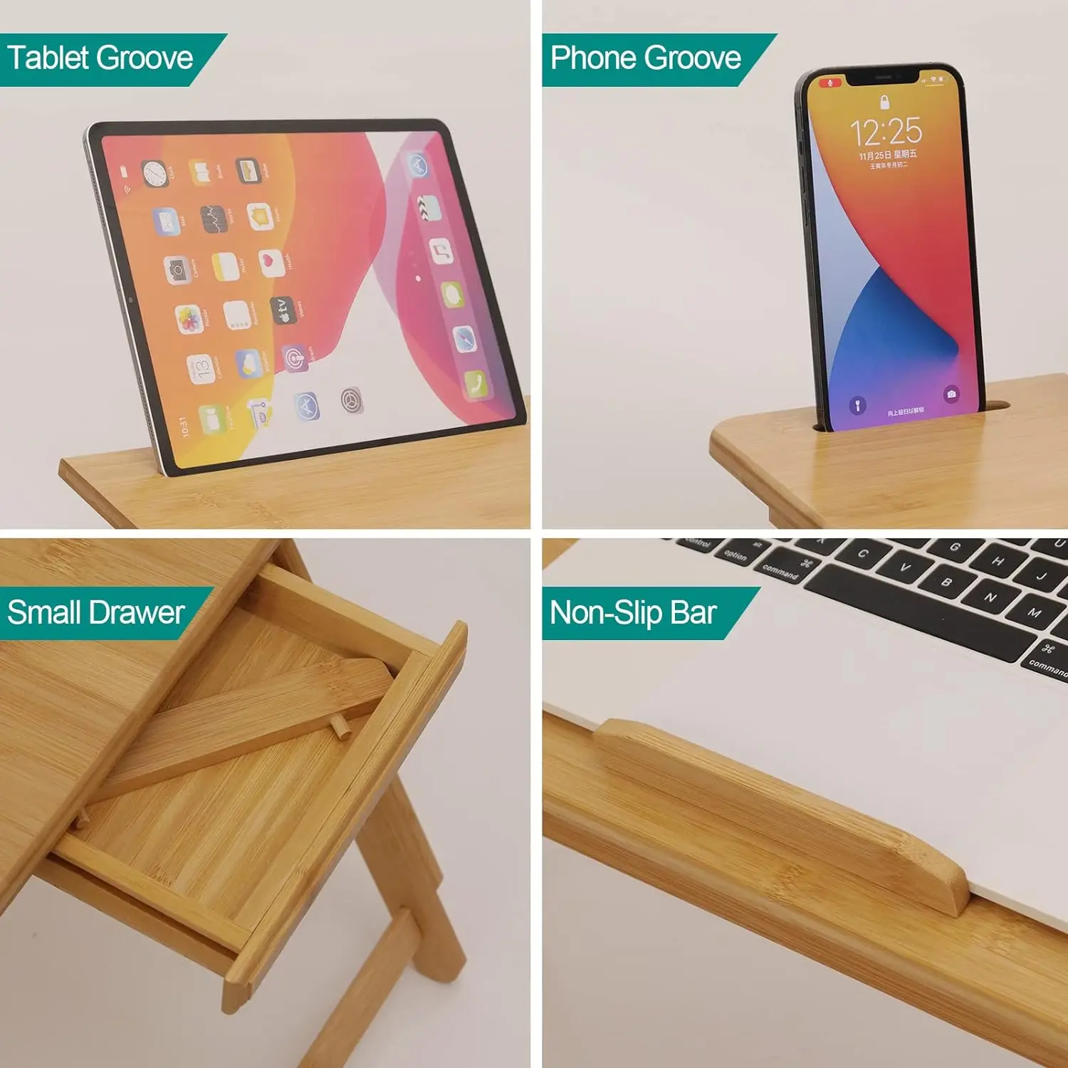 Laptop Table Bed Bamboo Table with Tablet Slot Adjustable Height Angle Foldable Storage Drawer Portable Tray Table Rack