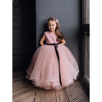 Girls' New Summer Solid Color Long Dress Big Children's Pink Fluffy Mesh Banquet Performance Birthday Princess Dress