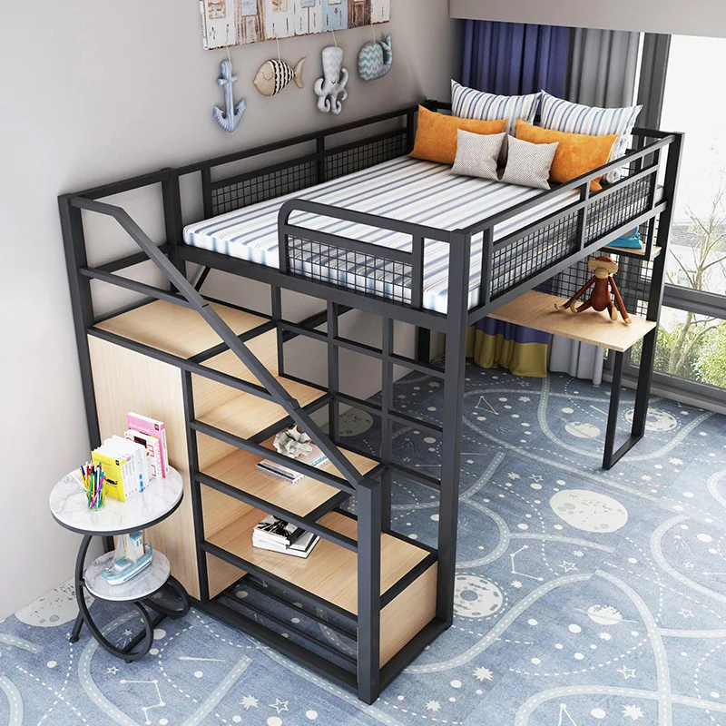 Heavy Duty Steel Metal Loft Bed with Wood Stairs Design for Single Bed Queen Mattresses Suitable for Adults