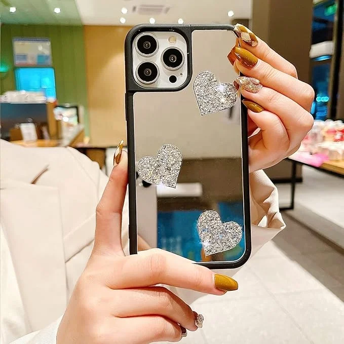 Étui Laudtec pour iPhone 16 Plus Pro Max Miroir avec Sangles Luxe Paillettes Diamant Cristal Rhinestone Coeur d'Amour Étui  