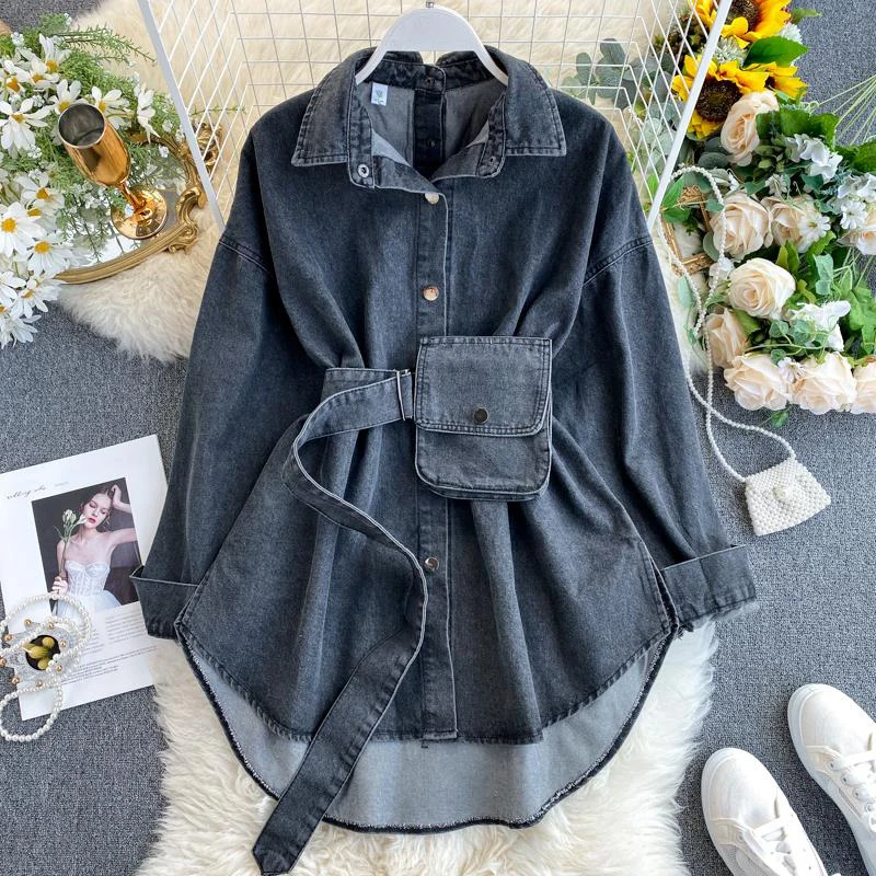 TWOTWINSTYLE Lapel Long Sleeve High Waist Patchwork Bag Denim Blouses Female 2021