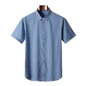 New Style Men's Blue Striped Shirts  Fat Men Casual Short Sleeve Shirts Summer Men Clothes