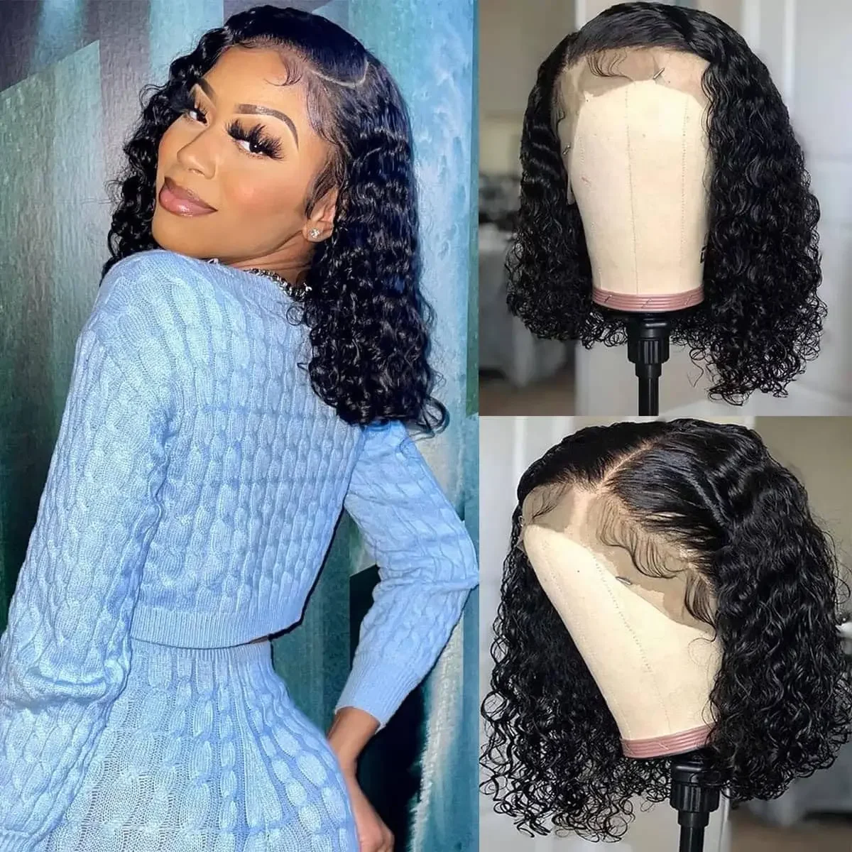 180% Short Bob Water Wave Lace Front Wig_voghion.com