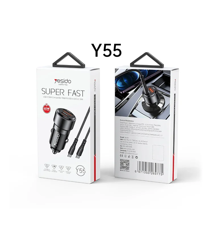 Yesido High Quality Car Charger 60W PD3.0 TPYE-C USB Dual-Port Multi Protocol Fast Charging Car Charger