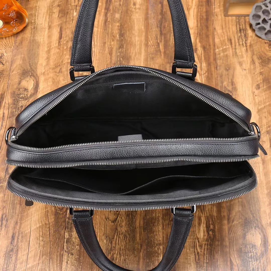 Cow Leather 15.6 Inches Case Messenger Business Bag for Office Man Real Black Pebble Genuine Leather Computer Laptop Briefcases