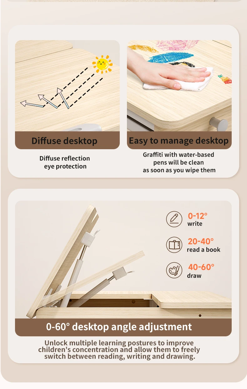 Wooden Ergonomic Children Learning Table with Bookshelf and Height ...