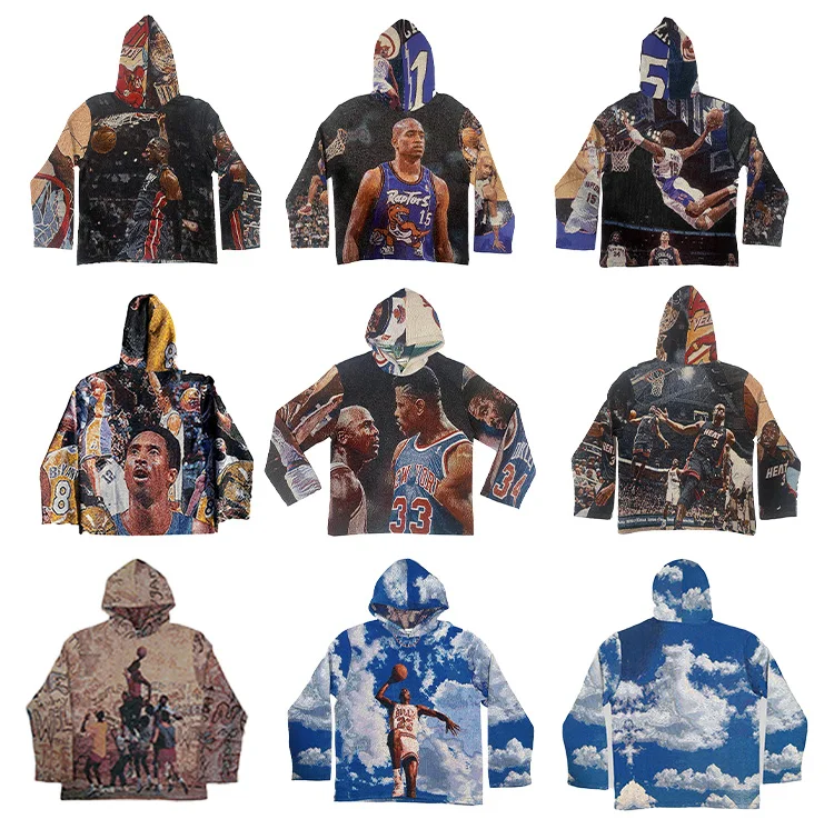 Hoodi Jacquard Crewneck Anime Tapestry Sweatshirt Men Woven Clothing Jacket Streetwear Custom