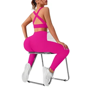 Customized Women's Yoga Two Piece Sets: Hot Pink Sports Fitness Zipper Crisscross-Strap Bra and Tight Elastic Pants Sportswear