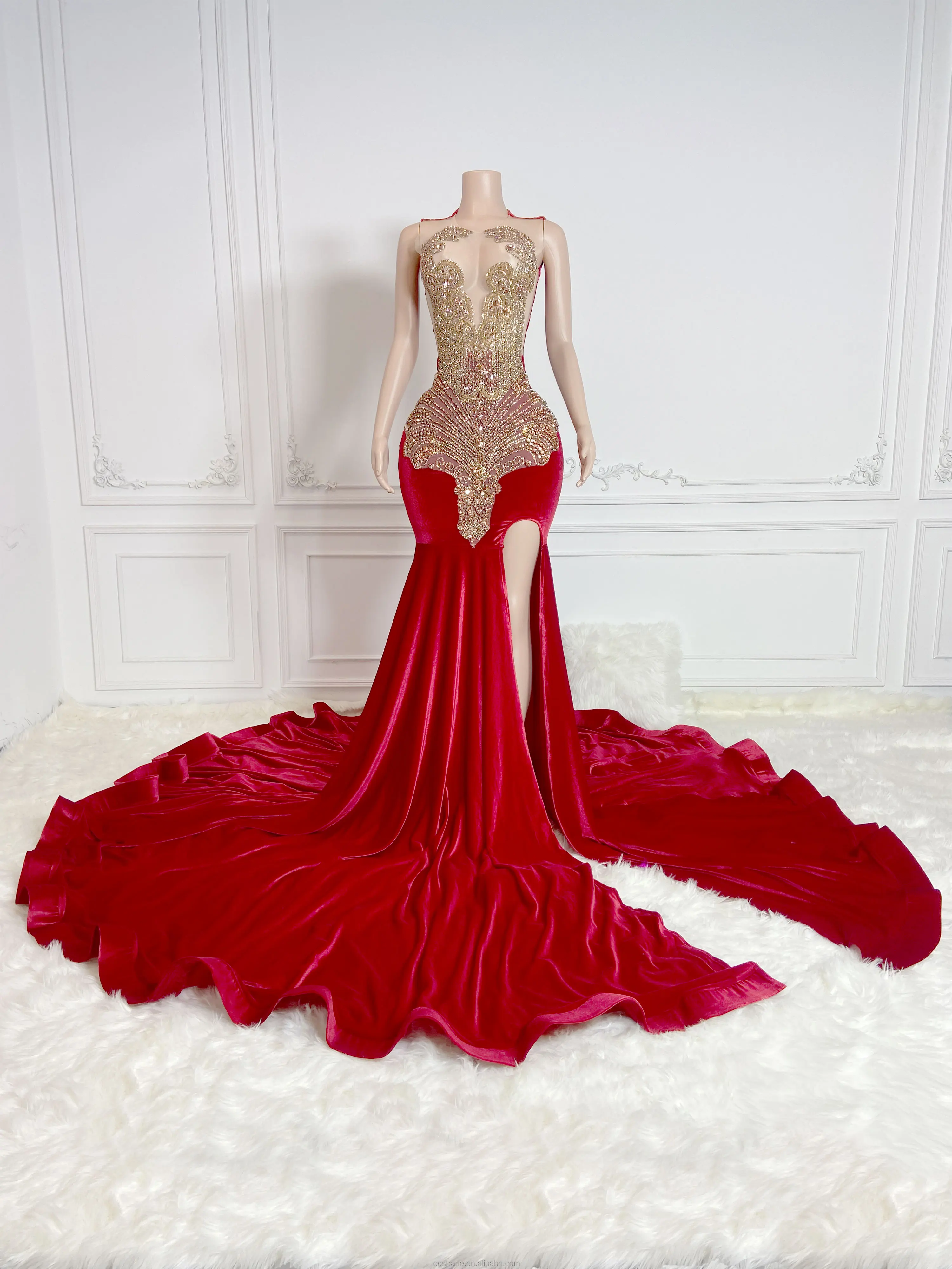 Ocstrade Vestido High Split Red Prom Dresses 2023 Evening Gowns Sexy Ball Gown Rhinestone Dress