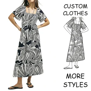 Custom Floral Hawaiian Tropical Printed Maxi Dresses Women Casual with Short Sleeves Breathable Fabric Loose Fit Summer Wear