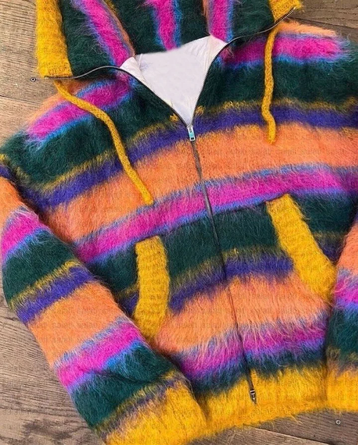 Custom Zip up Mohair Hoodies Unisex Oversized Thick Fuzzy Wool Blend Stripe Knitted Women Men Mohair Sweater gallery 3