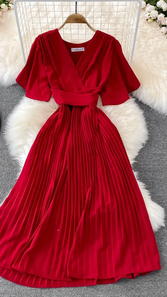 2022 Korean Style Dresses New Fashion Lady Vintage Vneck Long Dress