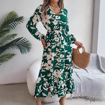 Women's Midi Floral Printed V-Neck Long Sleeve Midi Dress High Elastic Waist Boho Ruffle Dress for Autumn