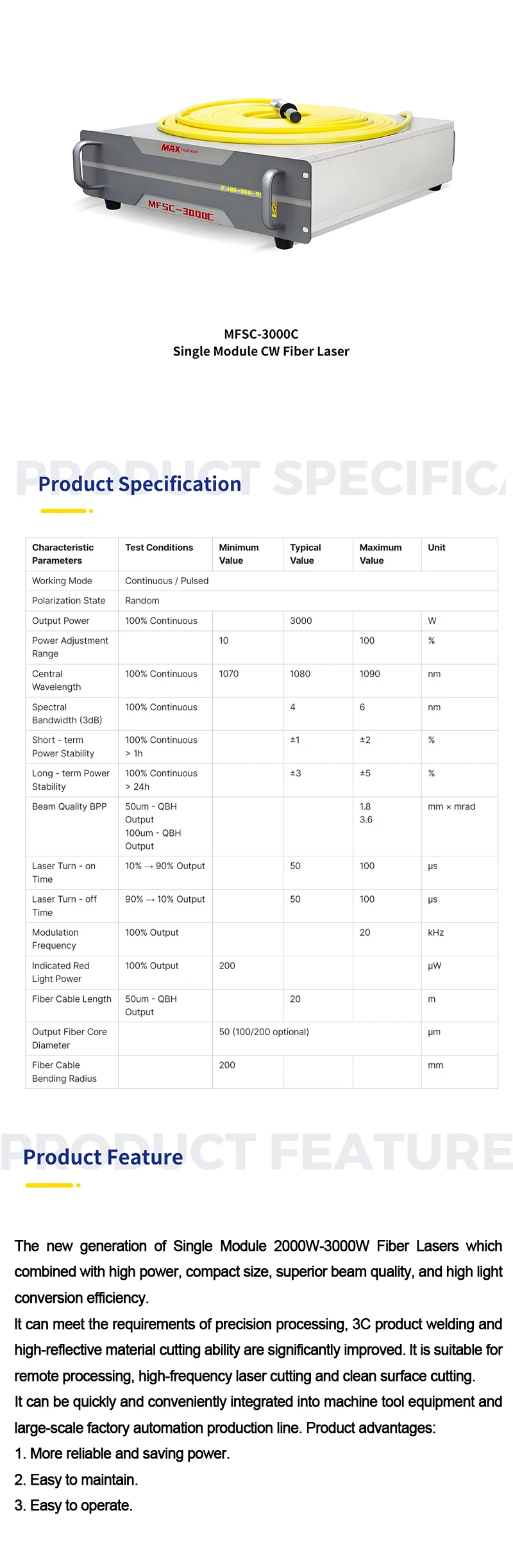 Max 3KW MFSC-3000C Fiber Laser Source New Equipment Parts for QBH 50μm Laser Cutting Machine