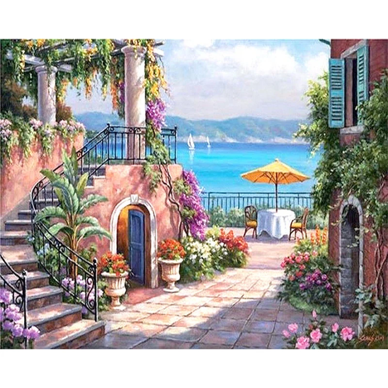ヨーロッパの海景壁紙地中海の油絵デジタル絵画風景画壁紙リビングルームの壁画 Buy 油絵 壁画 デジタルペインティング Product On Alibaba Com