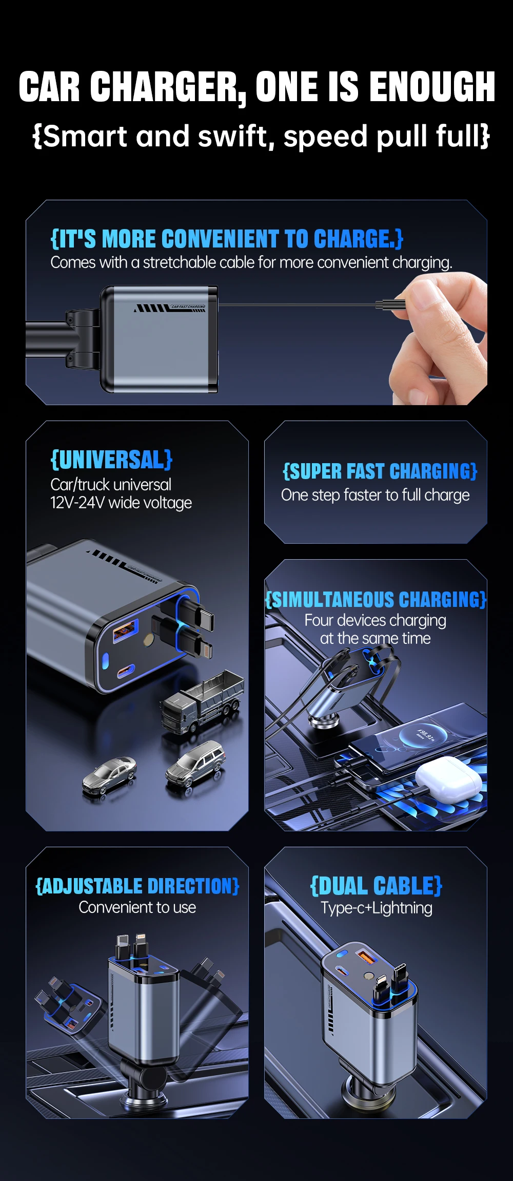 C6 Retractable Type C PD Cable Fast Charging Car Phone Charger Station Starry Sky Ambient Light Quick Adapter for Mobile