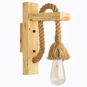 American Industrial Style Hemp Rope Wall Lamp Wooden Light Source for Bedroom Restaurant Rural Homestay Decorative Bedside
