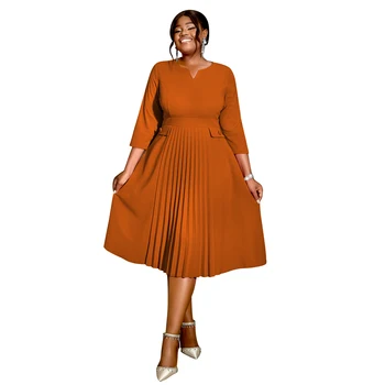 AM040920 US Local Stock V Neck Three Quarter Sleeves a Line Pleated Plus Size Midi Dresses Casual