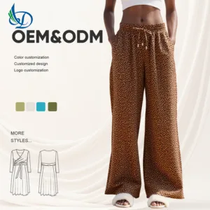 Leopard Print Long Pants with Straight Drawstring, Elastic Waist, Wrinkle Resistant, High-quality Clothing