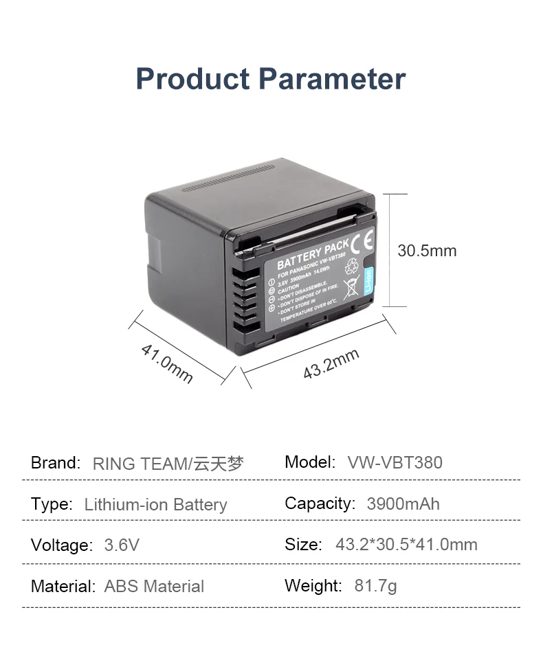 3.6V 3900mAh VW-VBT380 Battery Pack Rechargeable VWVBT380 Lithium ion Batteries for HC-V110 HC-V130 HC-V160 HC-V180 Cameras factory