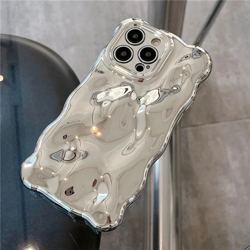Plating Wrinkle Wavy Curly Edge Phone Case for iPhone 15 11 12 13 14 Pro Max 3D Unevenness Soft Camera Protection Cover