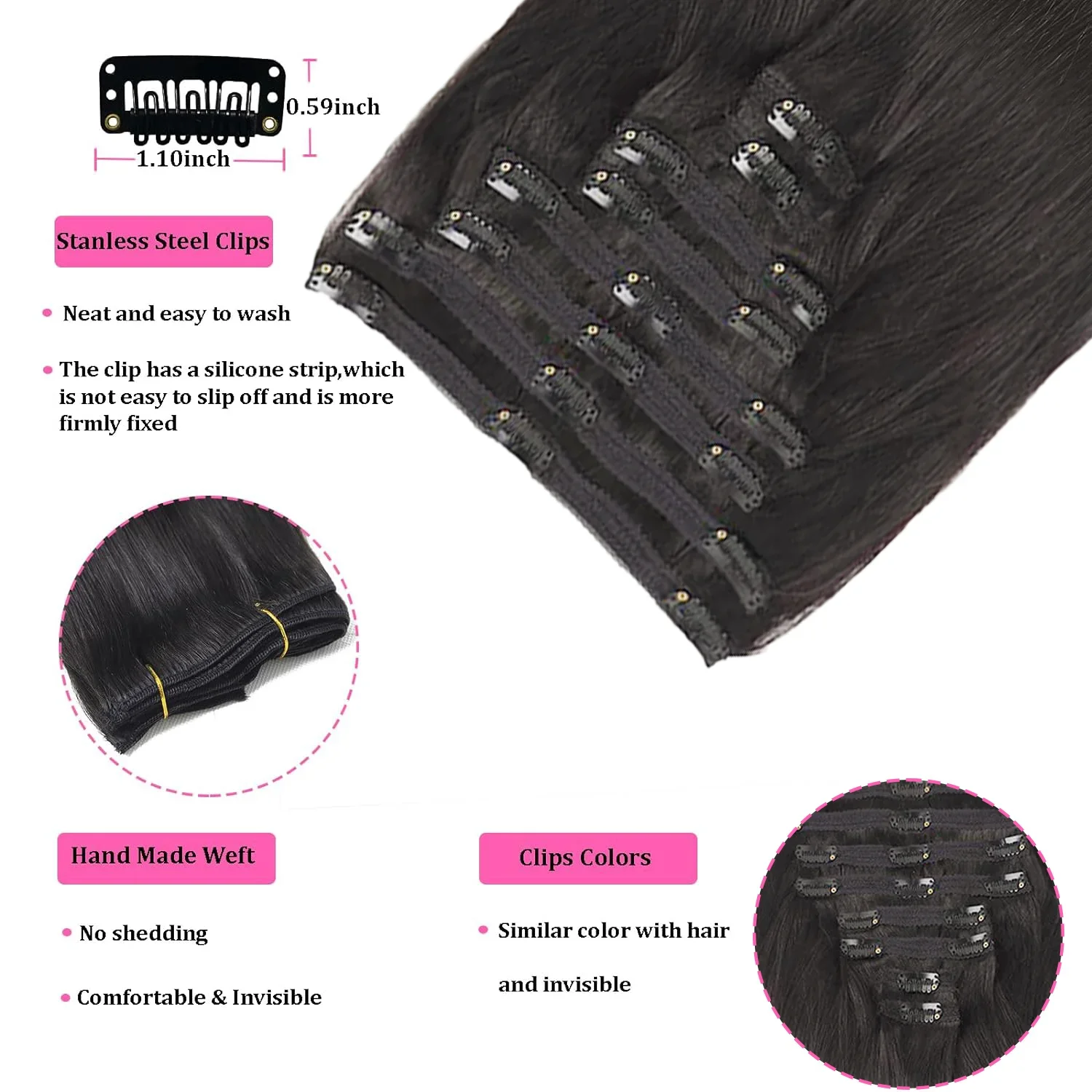 Clip-in-Haarverlängerungen, glatte Clip-ins, Remy-Echthaar, natürliche Farbe 1B, voller Kopf, unsichtbar, nahtlos, zum Anklipsen, Haar_voghion.com
