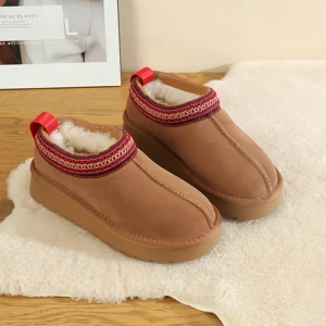 U2G Women's Autumn Sheepskin Snow Boots Winter Ankle-Height Suede Boots Knitted Edge Flat Toe Slip-On Design EVA Insole