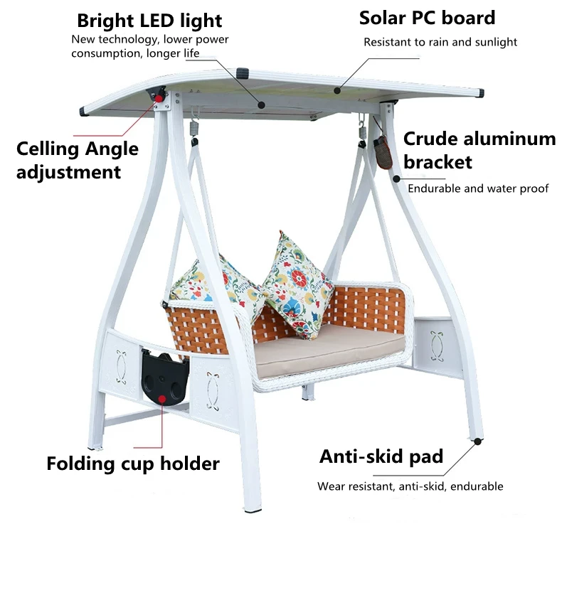 High quality two person double seat white garden outdoor aluminum swing wicker rattan hanging chair for adults