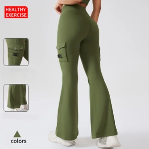 High Waist Cross Waist Ruched Butt Flared Cargo Leggings - 4-Way Stretch Women Fitness Yoga Pants with Velcro Pocket