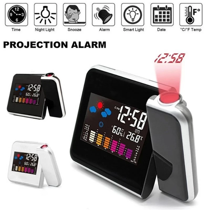 P608 Desk LED Time Projector Calendime Watch Projector Digital Alarm Clocks Color Screen Desktop Display Weather Calendar Clock
