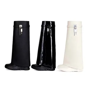 Women's Solid Genuine Leather Knee-High Wedge Heel Boots Super High Heel Height Increasing 2022 Autumn Winter New