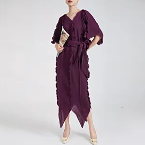 Women Fashion Dress Summer Short-Sleeved V-Neck Loose Elastic Stretch Tie Irregular Evening Dress Pleated Long Dress