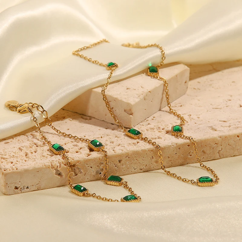 Dainty 18k Gold Plated Stainless Steel Birthstone Necklace for Women Charm Green Zircon Gemstone Necklace Bracelet